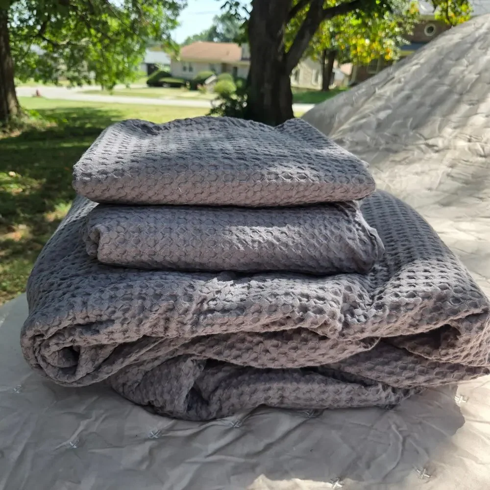 NWOT Quince 100% Organic Cotton Luxe Honeycomb 3Pc Duvet Set King Gray $134 MSRP